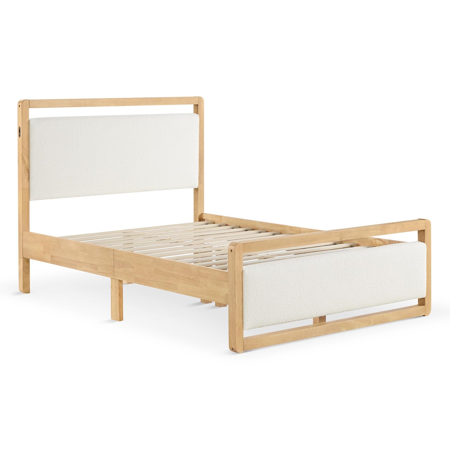 KISLOT Queen Wood Platform Bed Frame with Boucle Upholstered Headboard, Mid-Century Modern Bed with USB Charging Station, Solid Wood Slat Support, Noise-Free, No Box Spring Needed, Natural