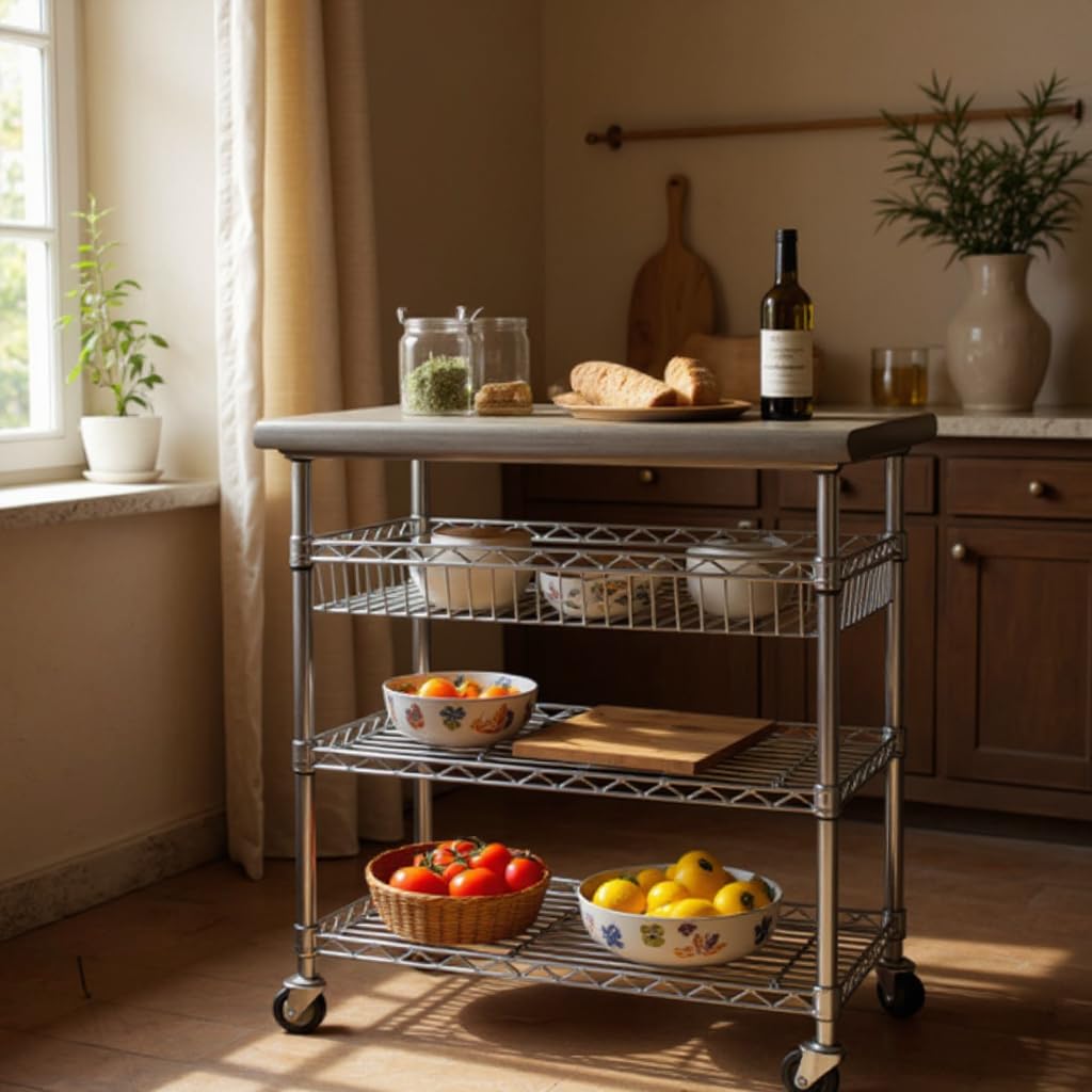 Heavy-Duty Stainless Steel Utility Cart with Shelves and Wheels, Multi-Purpose Storage Organizer for Kitchen, Garage, Office,Wire Basket,NSF Certified (3-Tier)