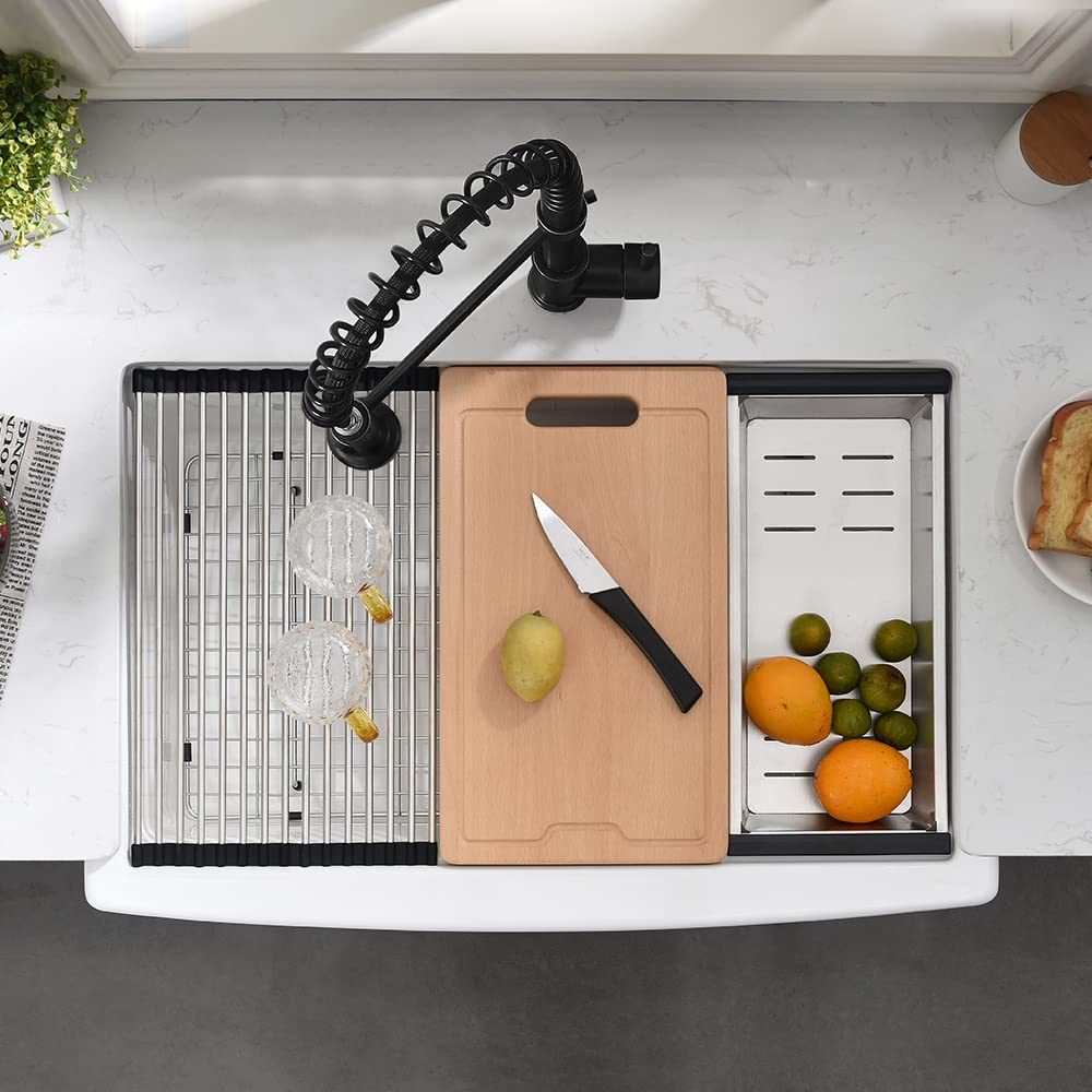 33 Inch White Farmhouse Sink Workstation-Hovheir 33x21 Apron Front Farm Sink White Fireclay Porcelain Ceramic Farmhouse Kitchen Sinks Workstation Deep Single Bowl Farmer Sinks with Cutting Board
