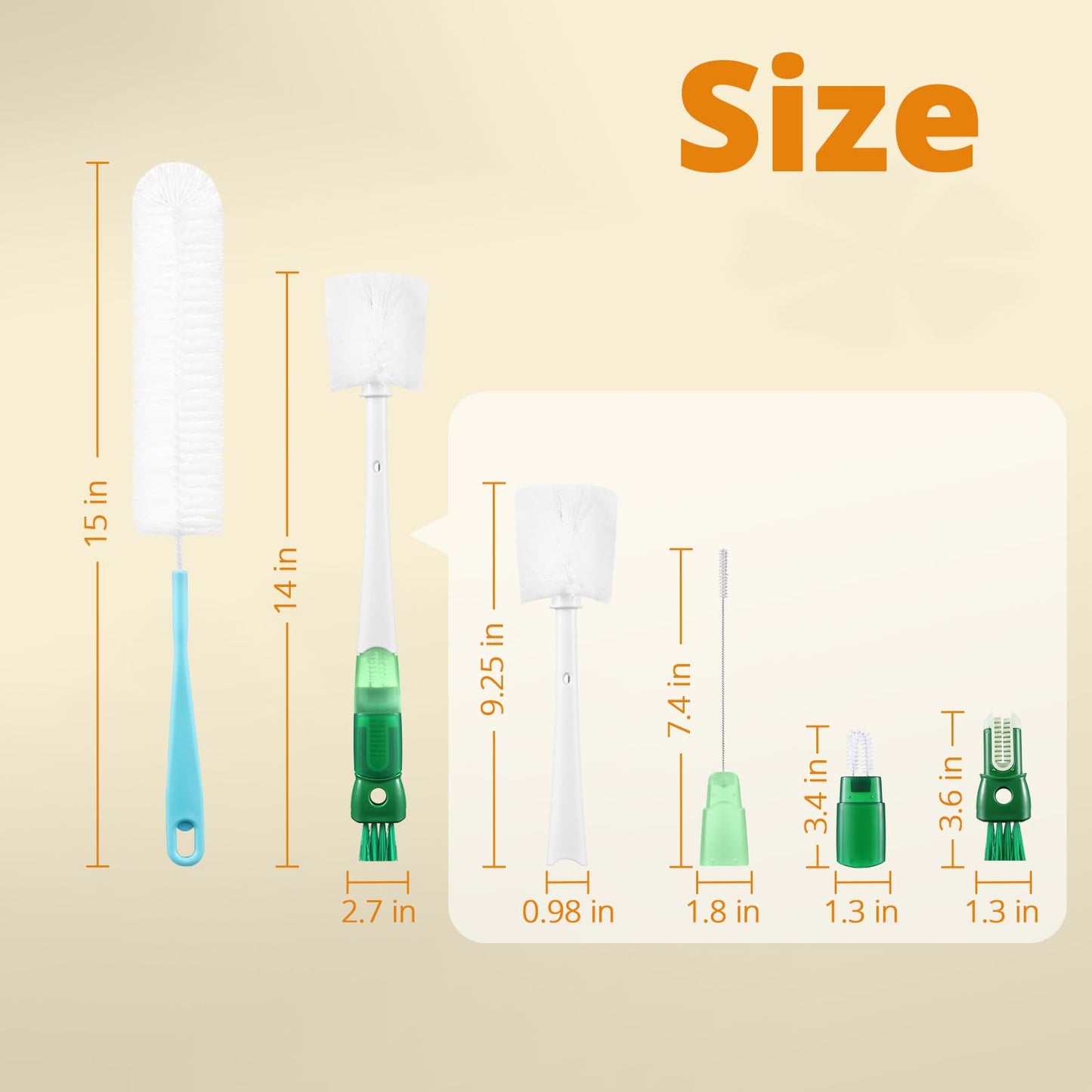 OUTXE 5 Pack Bottle Brush Set, 5-in-1 Water Bottle Cleaner Brush, 15"" Long Handle Bottle Cleaning Brush, 3 Straw Brush, Removable Nipple Brush, Detail Brush for Cup Lid Gap, WBBSBLB5
