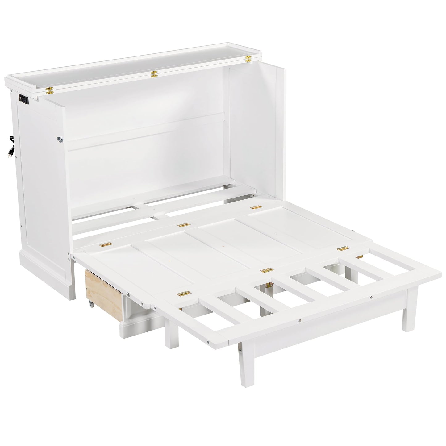 YOPTO Murphy Bed Cabinet Full Size with Charging Station and Large Storage Drawer,Pine Wood Folding Wall Bed Frame,Space Saving,Easy Assembly,Hidden Platform Bed for Home Office or Small Room,White
