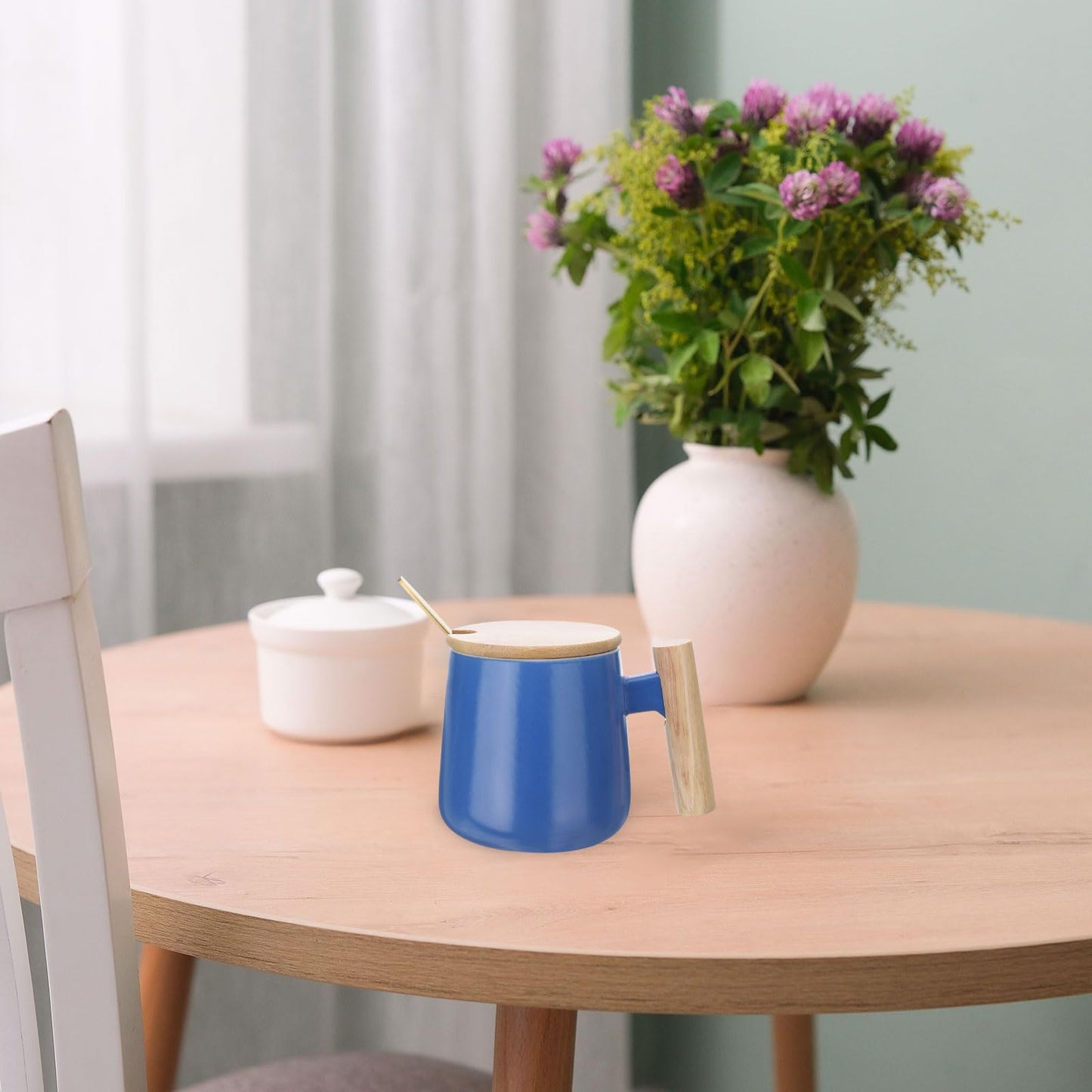 HARFINGTON Ceramic Coffee Mug 12.85 Oz Simple Wooden Handle Large Tea Cup Handmade Ceramic Mugs Gift Set with Lid and Spoon for Office Kitchen Home and Gifts for Women and Men, Blue