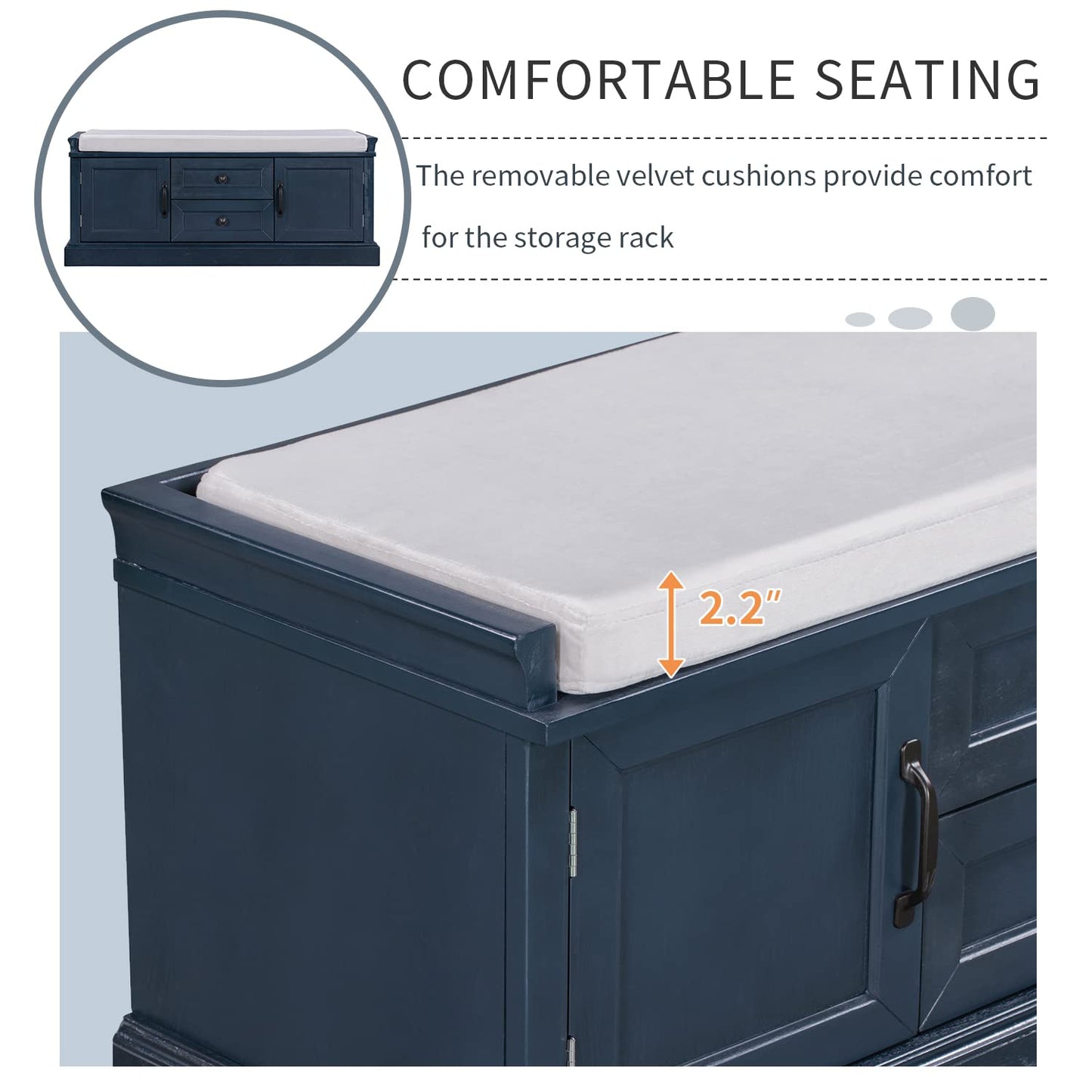 Acosure 42″ Storage Bench with 2 Drawers and 2 Cabinets,Multipurpose Entryway Shoe Rack W/Removable Cushion,for Living Room Hallway Porch,Antique Navy