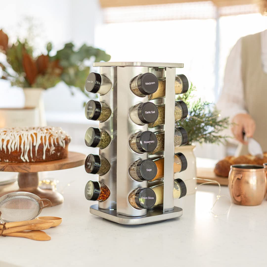 Orii 20 Jar Rotating Spice Rack with Spices Included & 5-Year Free Spice Refill Program – Stainless Steel Countertop Spice Rack with 3 oz Glass Jars