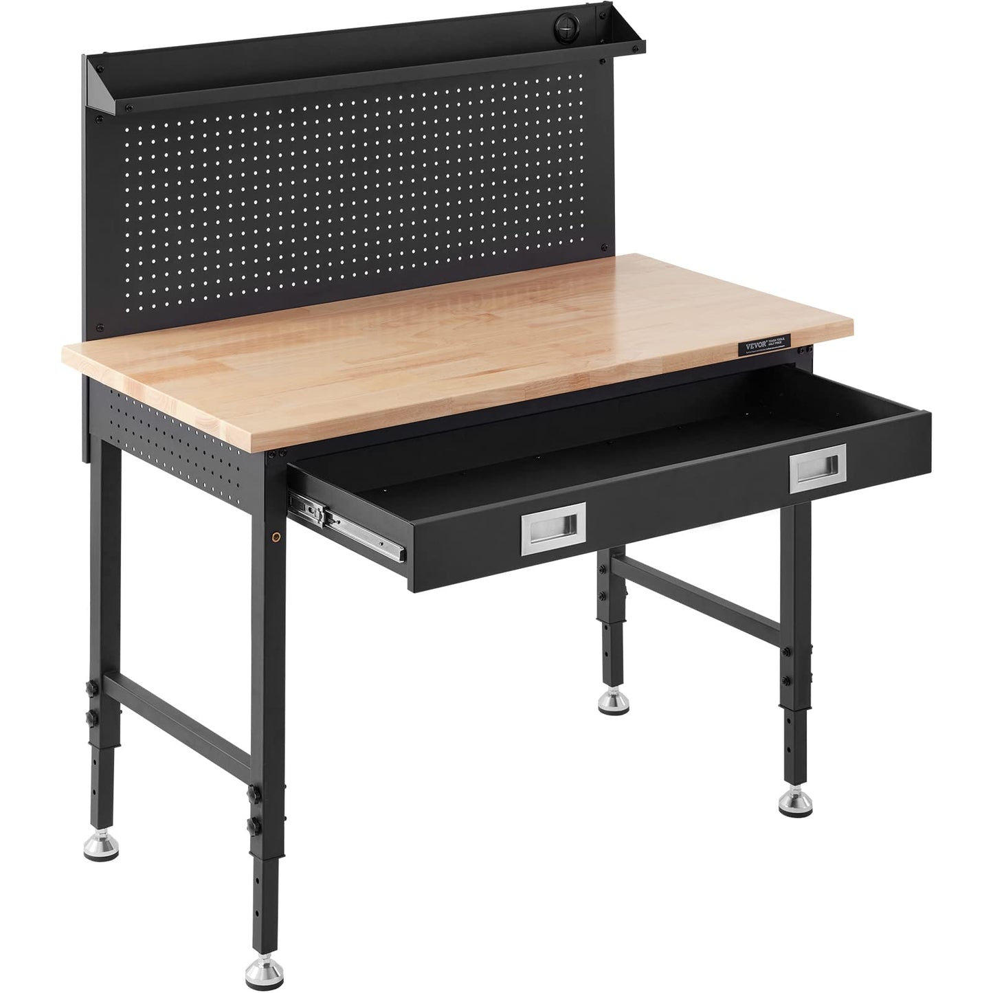 VEVOR Workbench Adjustable Height 28-39.5'' Work Bench for Garage Oak Plank & Carbon Steel Heavy Duty Workbench 2000lbs Weight Capacity top Size 48x24 Hardwood Workbench 3m Cable 30 Hooks, Black