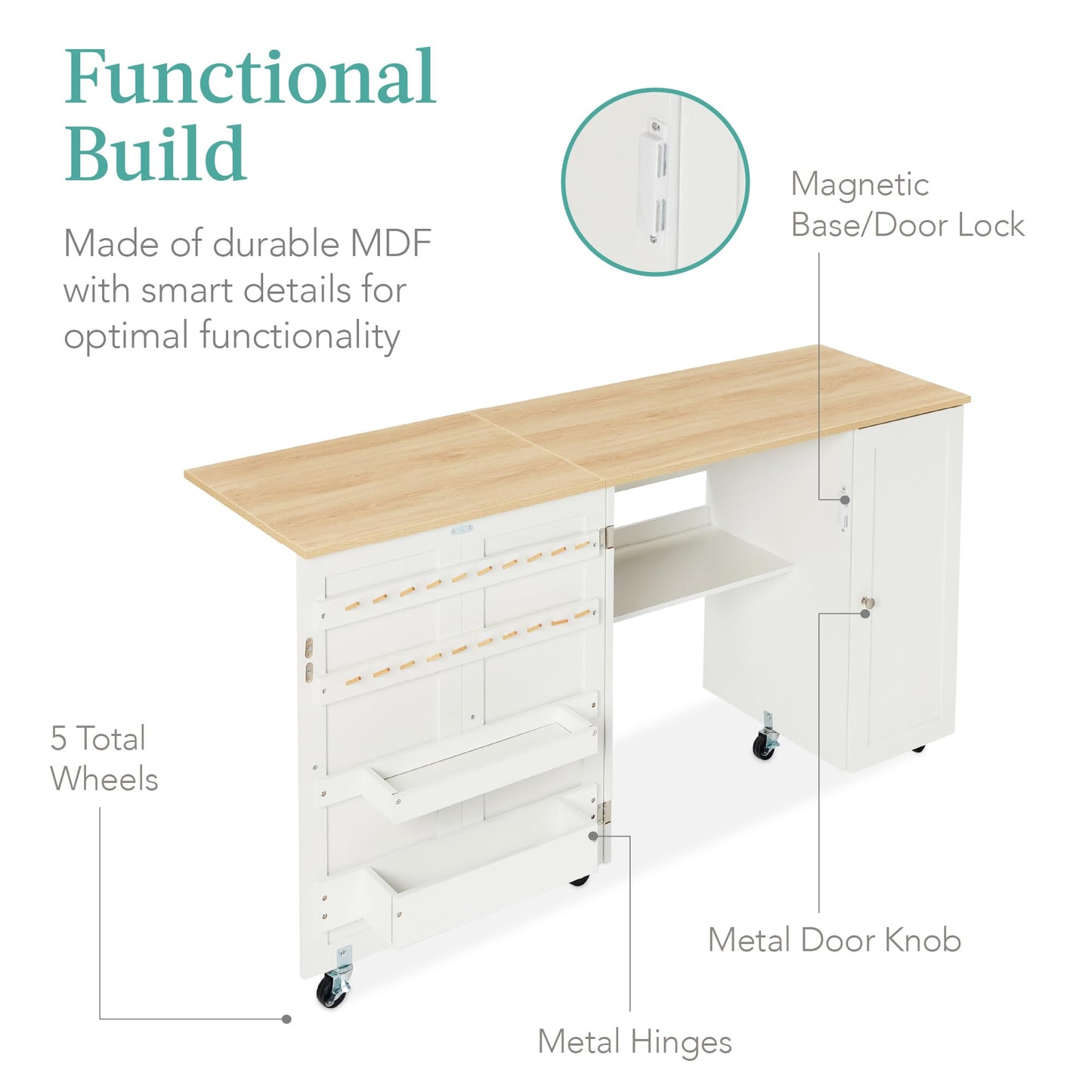 Best Choice Products Large Folding Sewing Table, Multipurpose Portable Craft Station & Side Desk w/Compact Design, Caster Wheels, Storage Shelves, 2 Storage Trays, Magnetic Doors - Natural/White