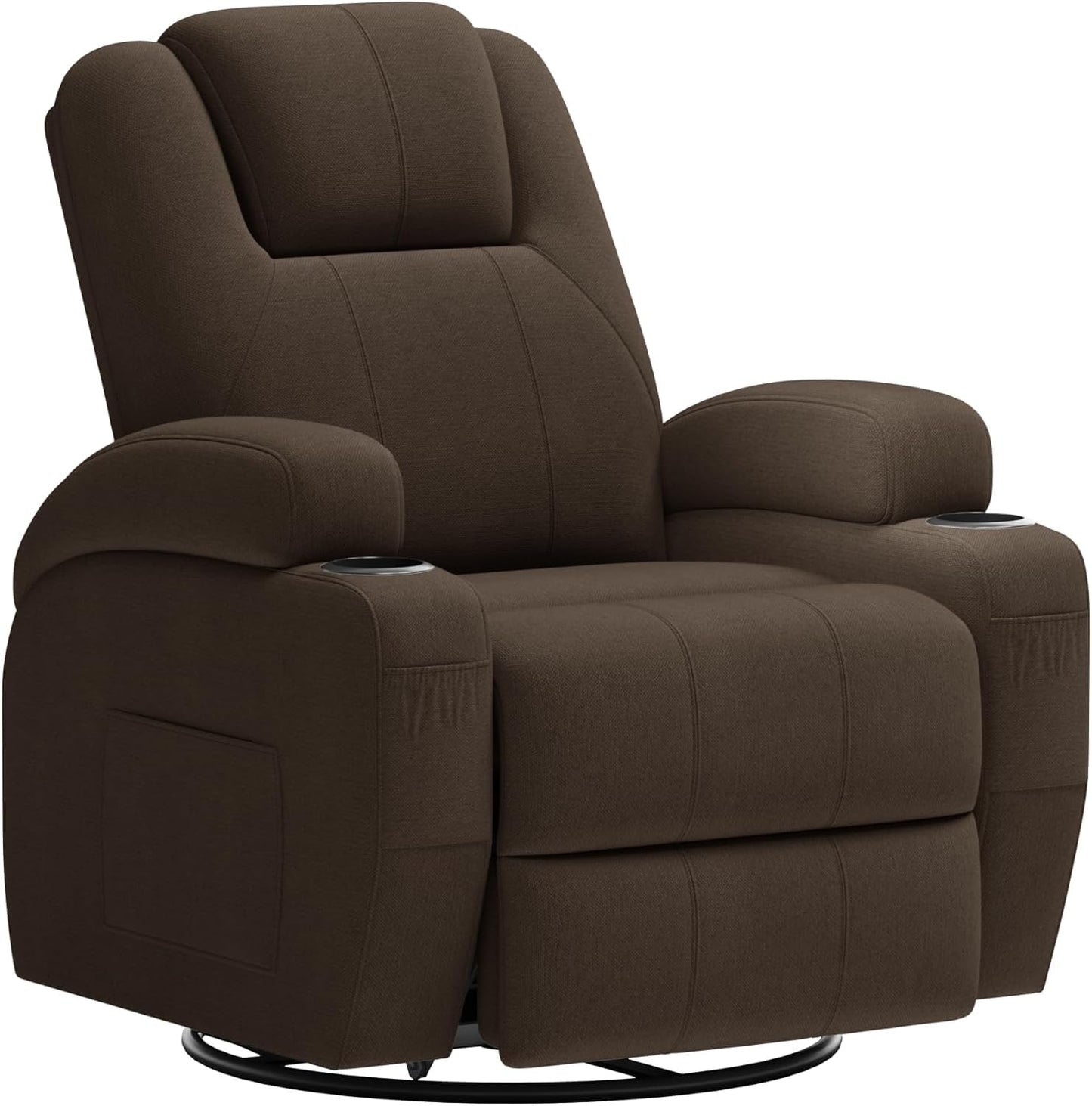Flamaker Swivel Rocker Recliner Chair with Vibration Massage, 360° Swivel Recliner Chairs for Adults Ergonomic Lounge Chair with Cup Holders Lazy Boy Recliner Single Sofa Seat (Fabric, Brown)