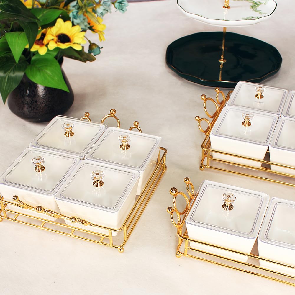YA JU Ceramic Bowls and with Lid Gold Basket Trays, 4 Removable Small Bowls Condiment Trays Nut Serving Set for Snacks, Fruits, Candy and Condiments - Great for Parties, Holiday Gifts,White