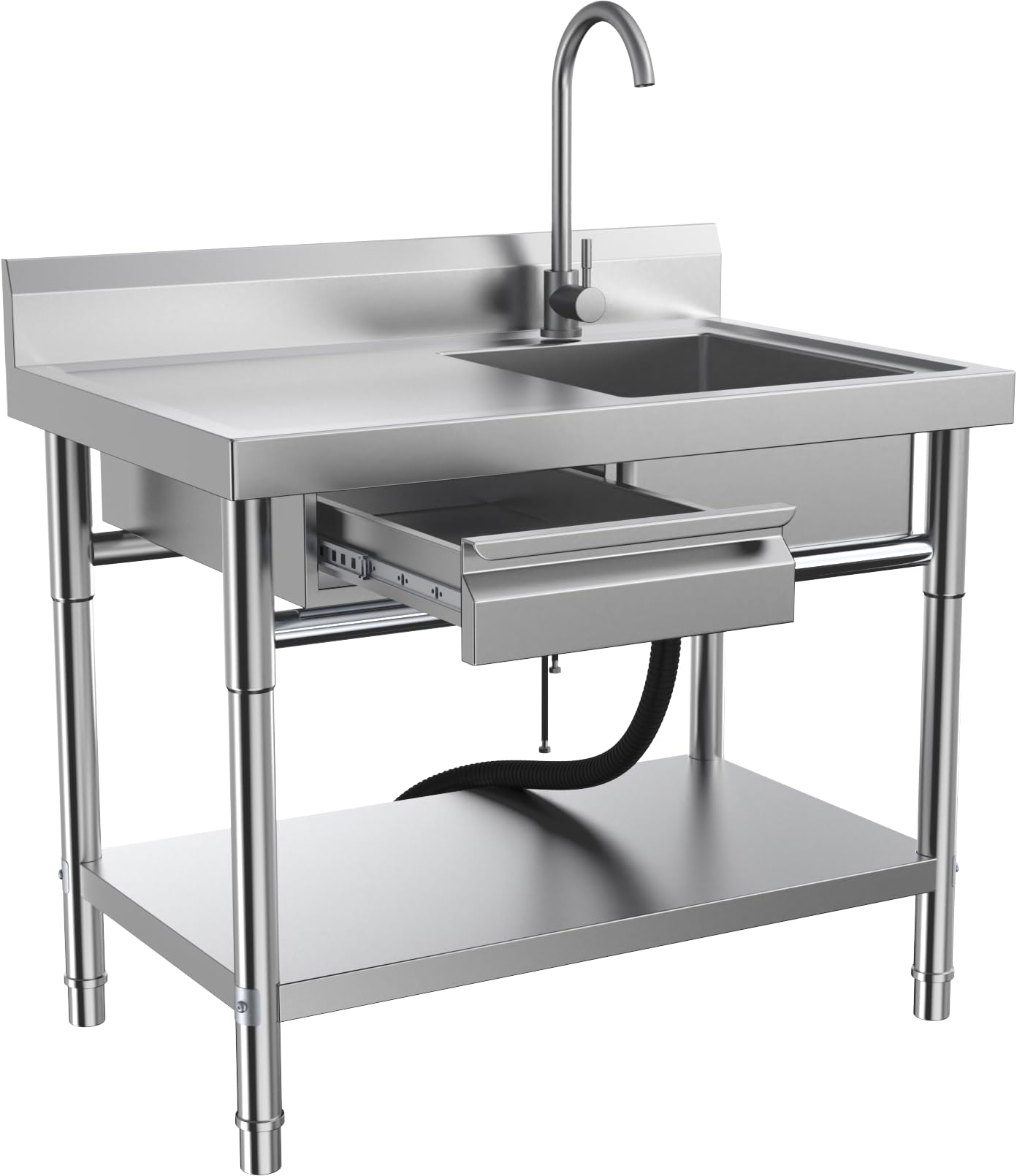 Stainless Steel Utility Sink, Commercial Kitchen Sink, 40'' Free Standing Single Bowl Sink with Drawer & Cold and Hot Water Pipe for Kitchen Laundry Room Farmhouse Indoor and Outdoor