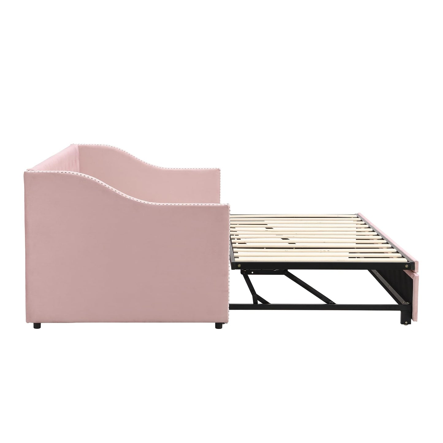Merax Twin Size Upholstered Velvet Daybed with Pop Up Trundle, Multi-Functional Sofa Bed with Backrest and Two Armrest for Kids Room, Guest Room, Living Room,Pink