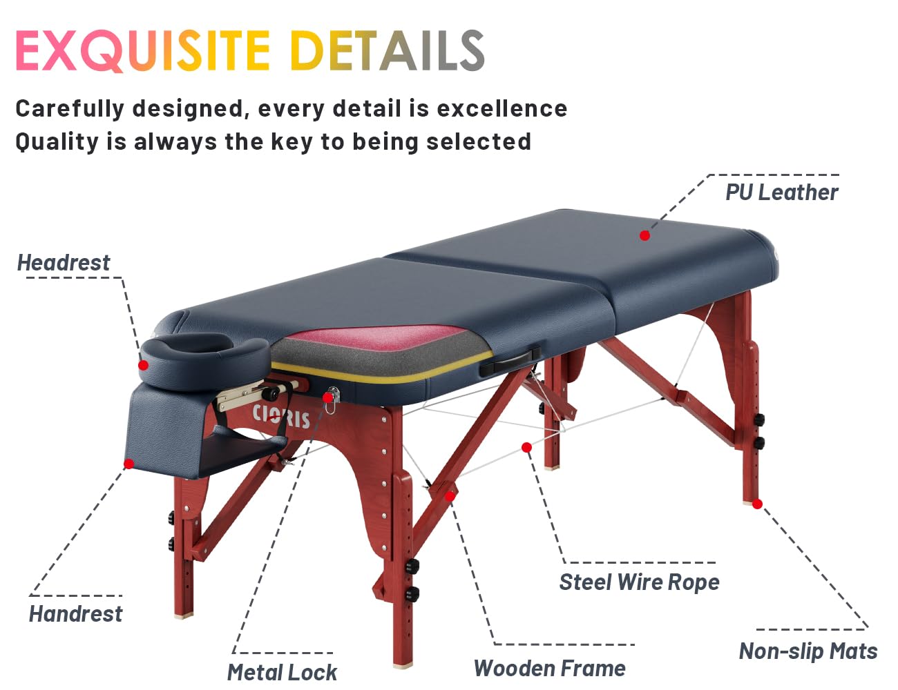 CLORIS 84" Luxury Massage Table Portable 2 Folding Lightweight Facial Salon Spa Tattoo Bed Height Adjustable with Carrying Bag & Wooden Leg Hold Up to 1500LBS Blue