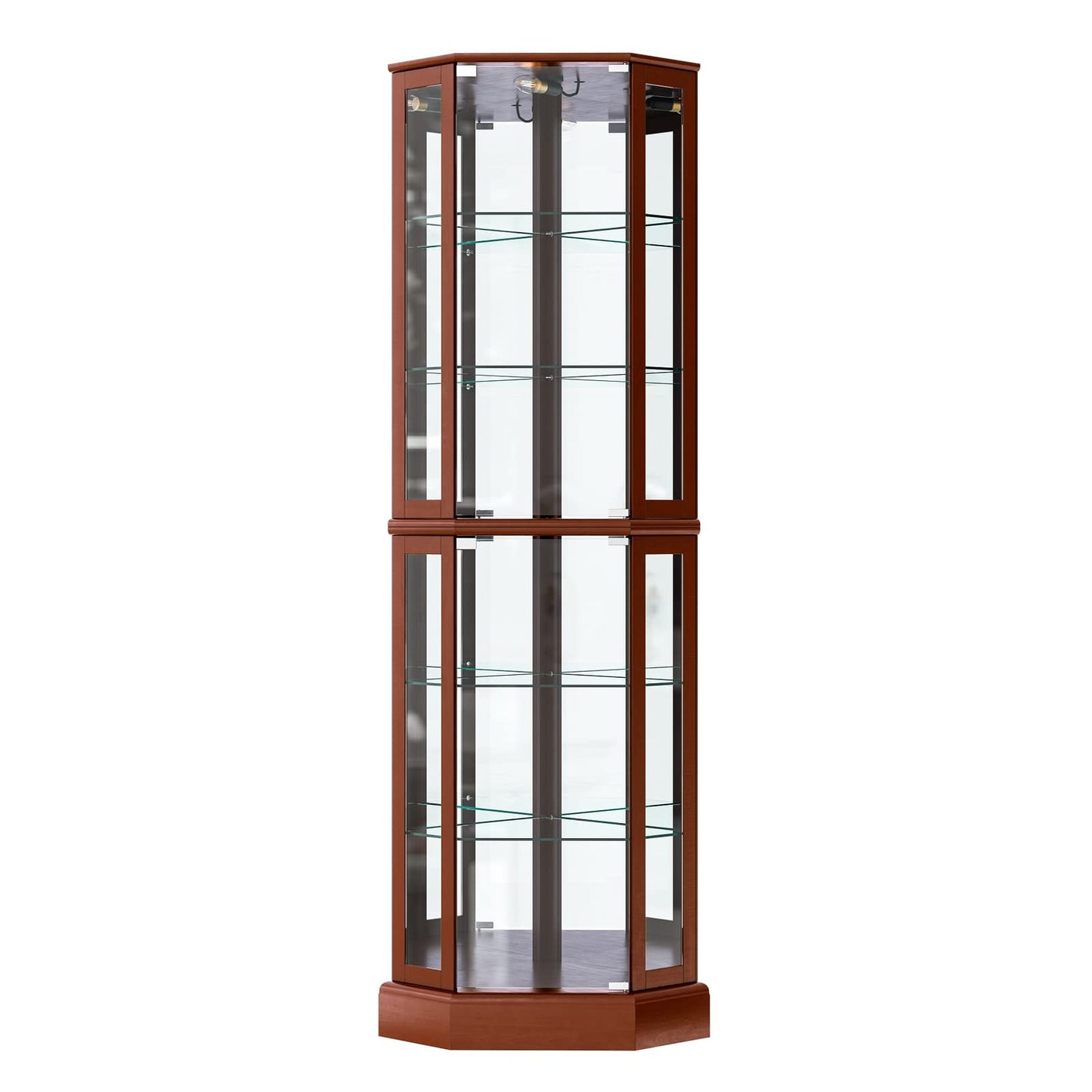 BELLEZE Lighted Corner Display Curio Cabinet,72" Tall Wooden Curved Shelving Unit with Tempered Glass Door, Bar and Liquor Storage Area with 6 Shelves - Ashfield (Walnut)