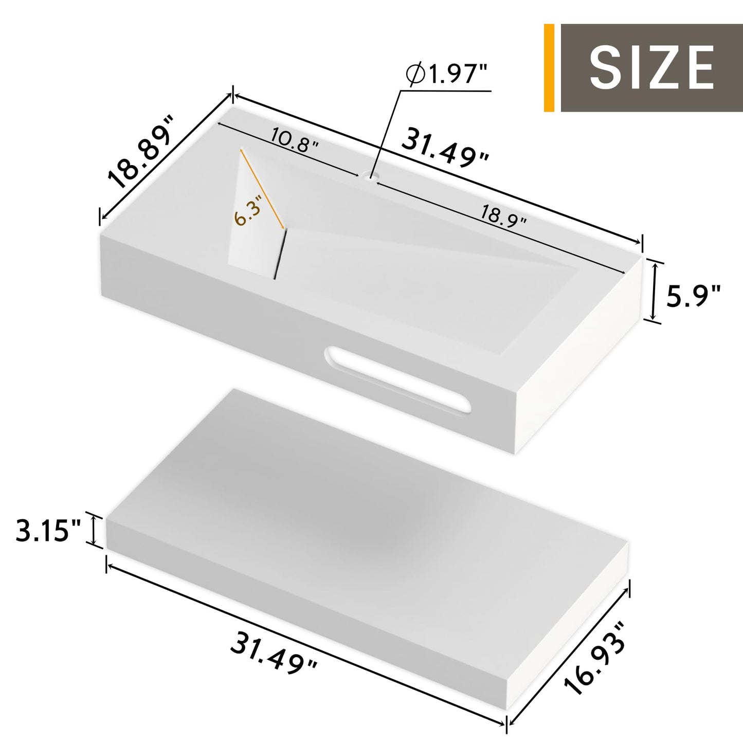 QJ&XY Resin Bathroom Sink 32" Wall Mounted V-Shaped White Basin with Towel Rack, Floating Vanity Sink in Soft-Touch Finish (Double Tier)