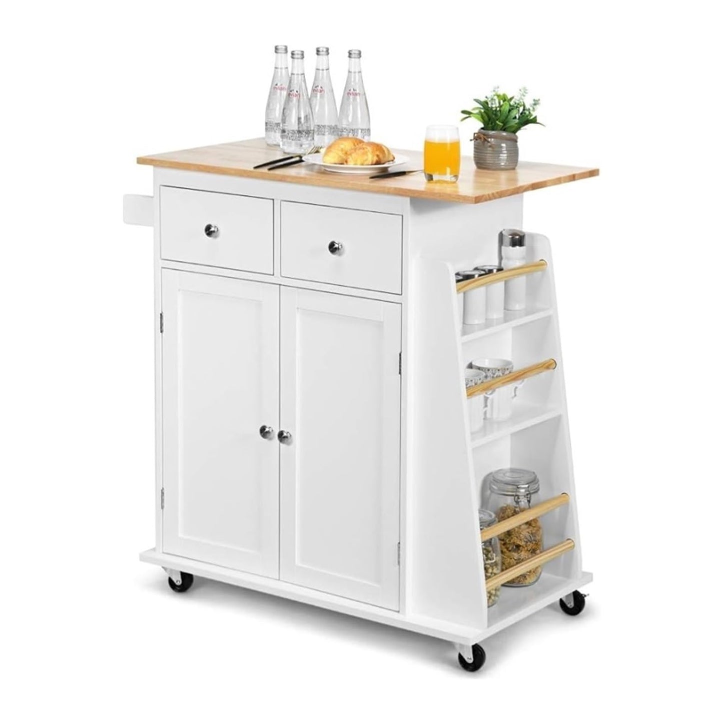 LIBANGRONG-888 Shelf Cart with Kitchen Island, Wooden Rolling Cart with Storage Cabinet, Handle for Towels, 2 Drawers, Side Spice Rack and Wine Bottle Rack Organizer