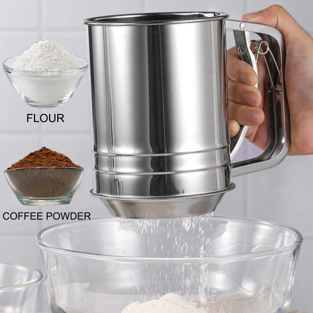 Flour Sifter Stainless Steel 3 Double Layer Fine Mesh Sifter Flour Strainer 3 in1 Sifters for Baking, Powdered Sugar Shaker Duster for Baking Cakes, Pastries, Pies, Cupcakes