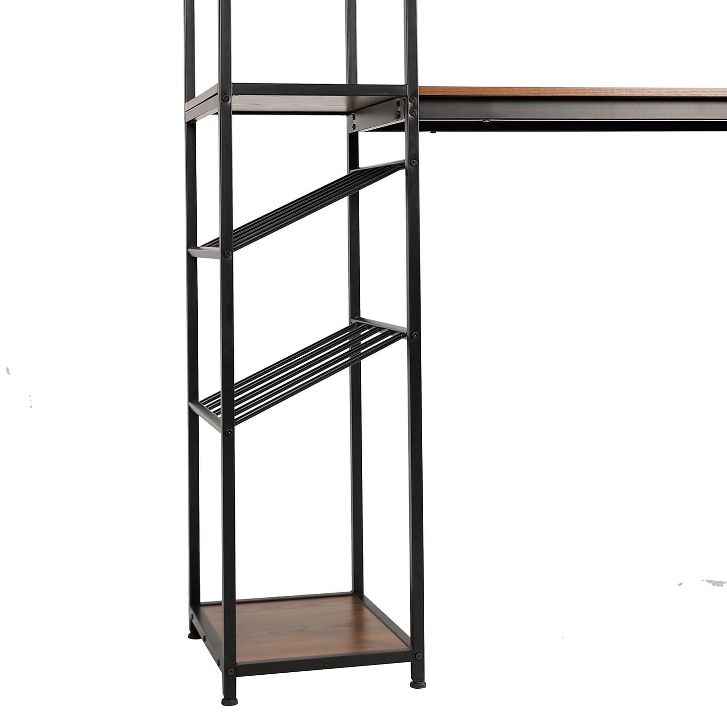 Flash Furniture Jura Metal Bar and Wine Table with Bottle and Stemware Storage, 2 Slanted Bottle Shelves, 3 Stemware Hangers, Waterproof Table Top, Black/Walnut