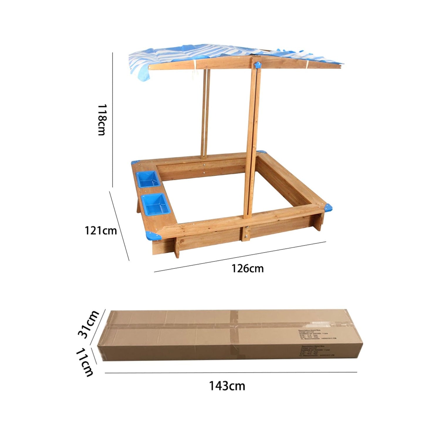 Wood Sandbox with Cover, Sand Box with 2 Bench Seats for Aged 3-8 Years Old, with Adjustable Height Canopy, Sand Pit for Beach Patio Outdoor