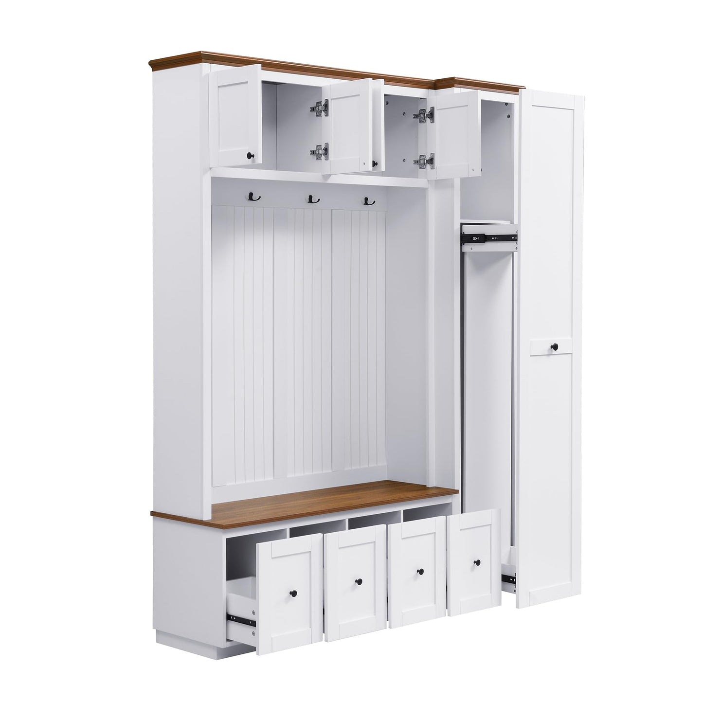 Merax 78.7''H Hall Tree with Storage Bench, Modern Entryway Bench with Coat Rack, 5-in-1 Hall Tree with Cabinets, Drawers & Hooks for Hallway, Entryway, Living Room, Mudroom, White
