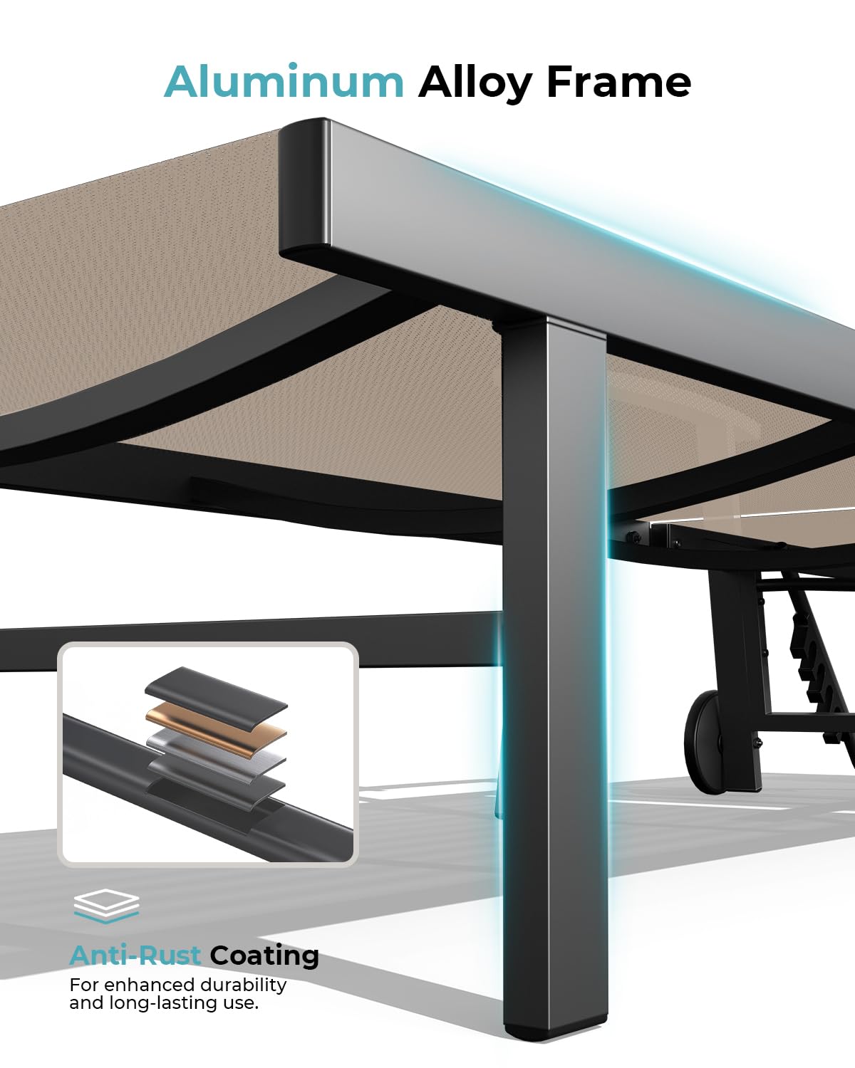 Ciokea Outdoor Lounge Chair with Pillow Set of 2, 5-Position Aluminum Chaise Lounge with Wheels & Armrests, 400 lbs Heavy Duty Patio Pool Chair for Backyard, Deck, Beach & Poolside, Khaki