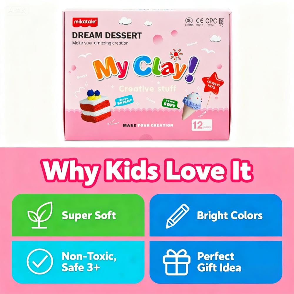 Air Dry Clay Dessert Kit for Kids β 12 Mini Dessert DIY Crafts with Tools, Birthday Cake & Ice Cream Pretend Food, Non -Toxic Arts & Crafts Gift for Girls & Boys Ages 5+