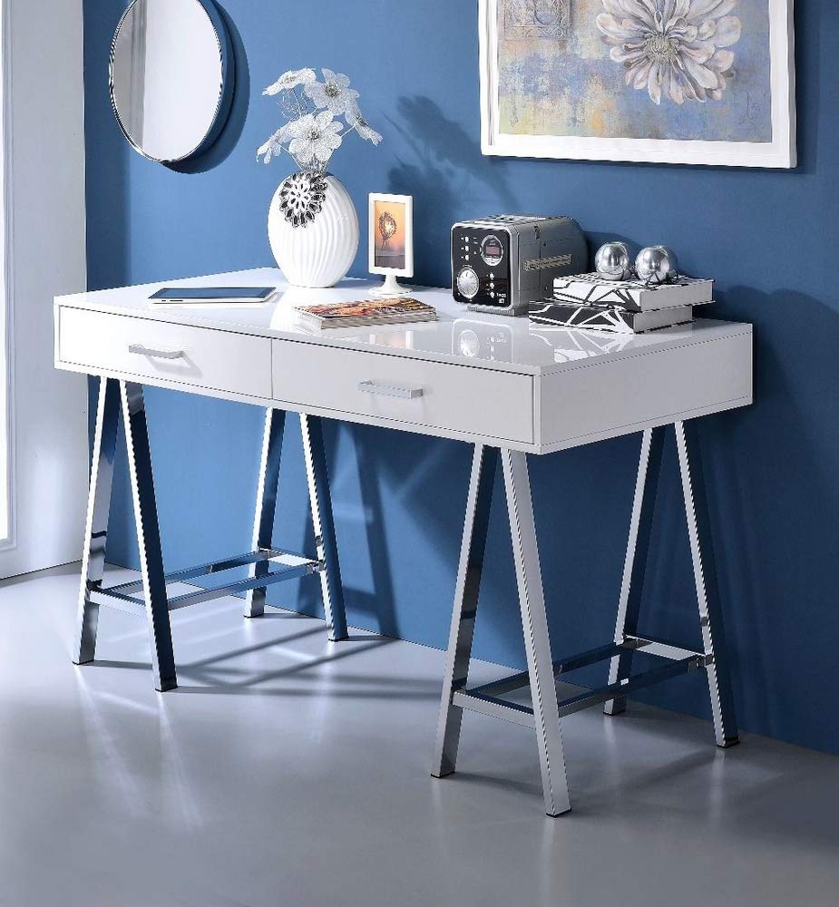 Acme Furniture Coleen Built-in USB Port Writing Desk in White High Gloss & Chrome Finish