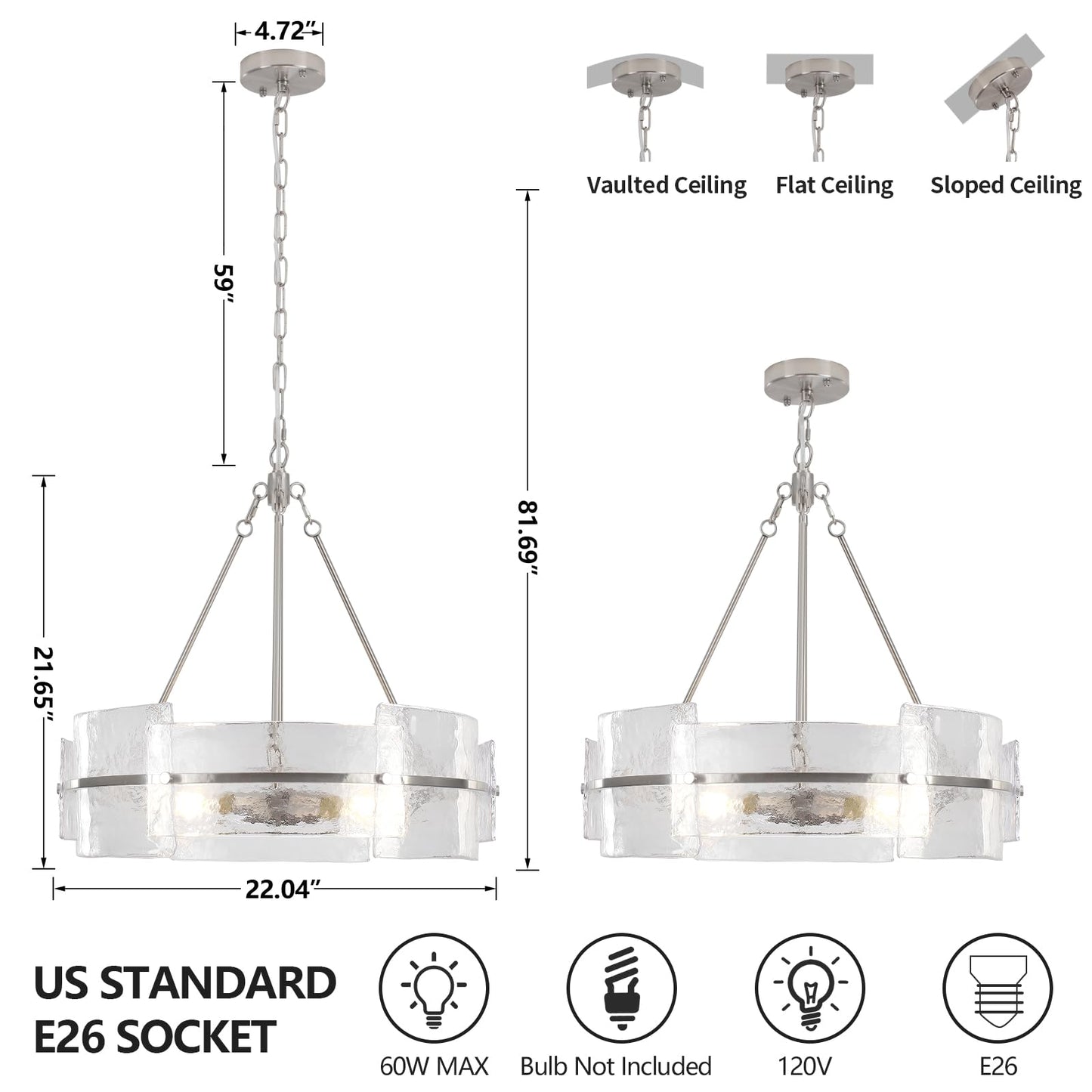 Corlaceling Modern Glass Dining Room Chandelier, 22 inch Brushed Nickel Drum Kitchen Island Light Fixture Luxury Textured Glass Water Ripple Crystal Chandeliers for Living Room Foyer Bedroom