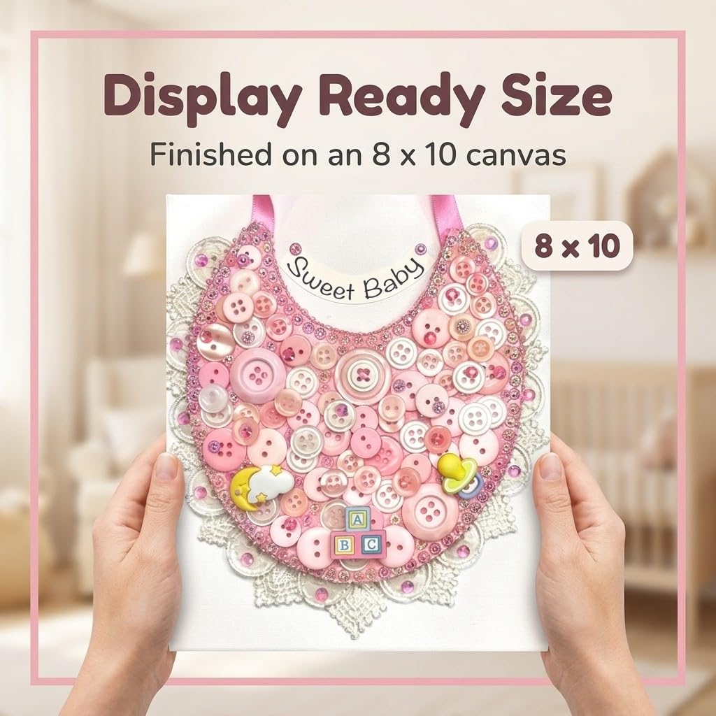 DIY Baby Bib Button Art Canvas Kit – Sweet Baby Nursery Craft Kit with Buttons, Gems & Ribbon – 8x10 Canvas Wall Decor