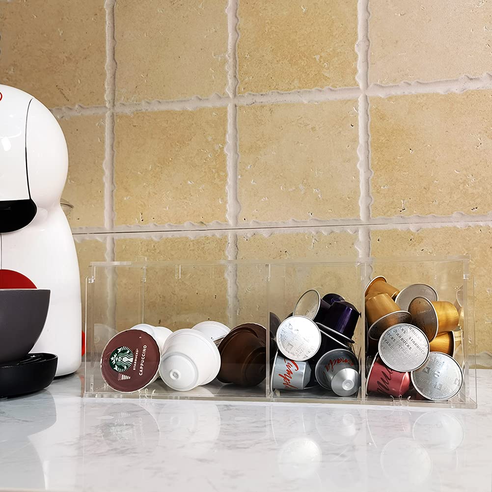 RR RAXMIN Coffee Capsule Holder Acrylic Box K Cup Holder Coffee Pod Storage Clear Acrylic 4 Compartment with Lid Organizer Coffee Bar Accessories
