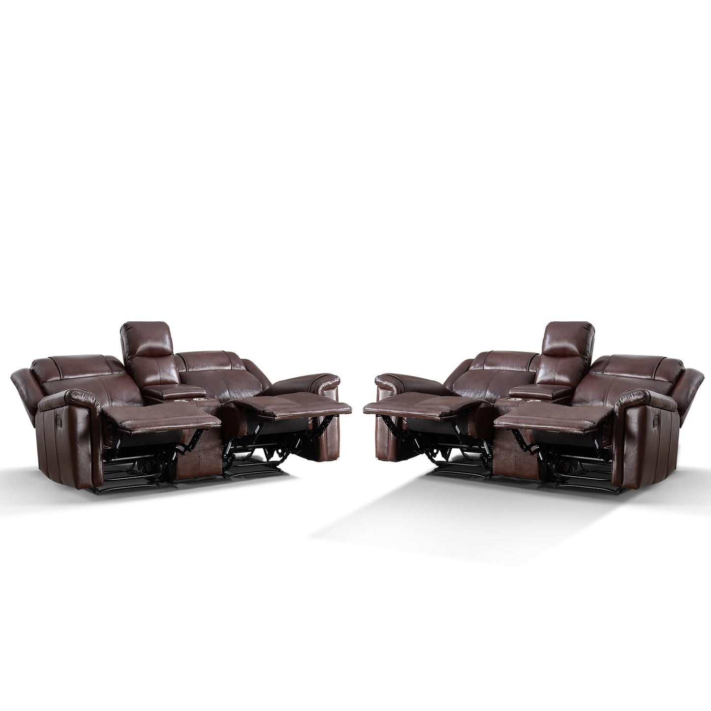 ANJ Geniune Leather Manual Loveseat Recliner Sofa Set of 2 with Center Console, Overstuffed 2-Seater Reclining Couch with Hidden Storage & Cup Holders, 2 Dual Recliner for Living Room, Rust Brown