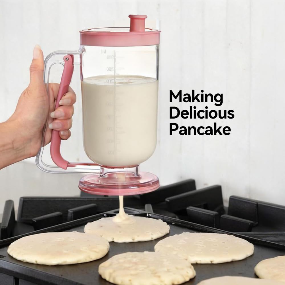 Pancake Batter Dispenser with Built-in Mixer Handle - No-Drip Handheld Funnel for Pancakes, Baking, Waffles, Cupcakes & Muffins - Easy Squeeze Baking Tool for Perfect Portions (Pink with Mixer)