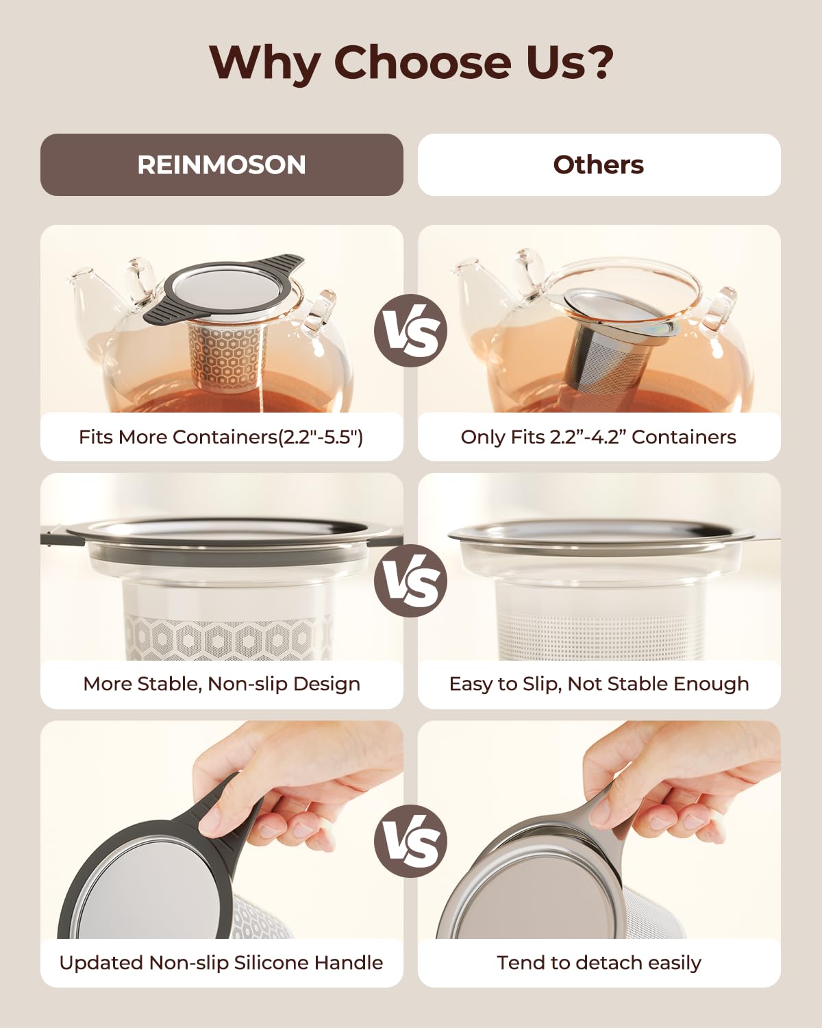 Reinmoson 2 Pack Extra Fine Mesh Tea Strainers for Loose Tea Single Cup, 304 Stainless Steel and Food Grade Silicone Loose Leaf Tea Steeper Tea Strainers & Filters for Black Tea, Coffee, Rooibos, etc