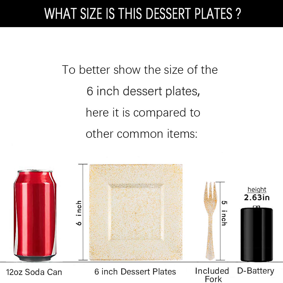 DaYammi 200Pcs Gold Dessert Plates Including 100Pcs Appetizer Plates 6",100Pcs Plastic Forks 5.7",Gold Glitter Plastic Square Plate for Party,Gold Salad Plate and Cake Forks for Party Wedding