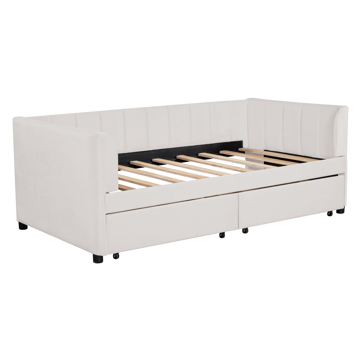 Jintop Twin Size Velvet Daybed with Two Drawers and Stripe Shaped Headboard Design,Upholstered Wooden Storage Bed Frame,w/Ergonomic Design Backrest,for Bedroom,Living Room,Beige