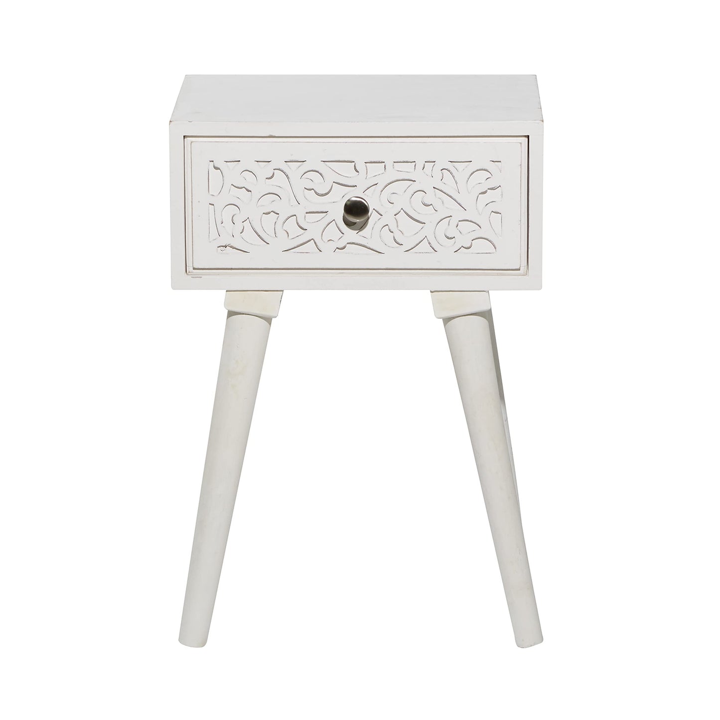 Deco 79 Mango Wood Scroll Side End Accent Table Intricately Carved Single Drawer End Table, Side Table 16" x 13" x 24", White