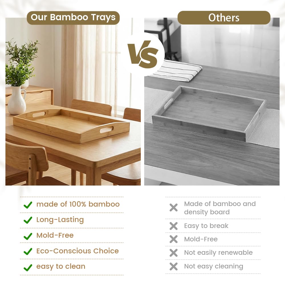 Bamboo Serving Tray with Handles - 2 Pack Wooden Food Tray for Breakfast in Bed, Eating, Decor and Storing - Decorative Trays Platter Use for Kitchen, Ottoman, Living Room, Party and Restaurant