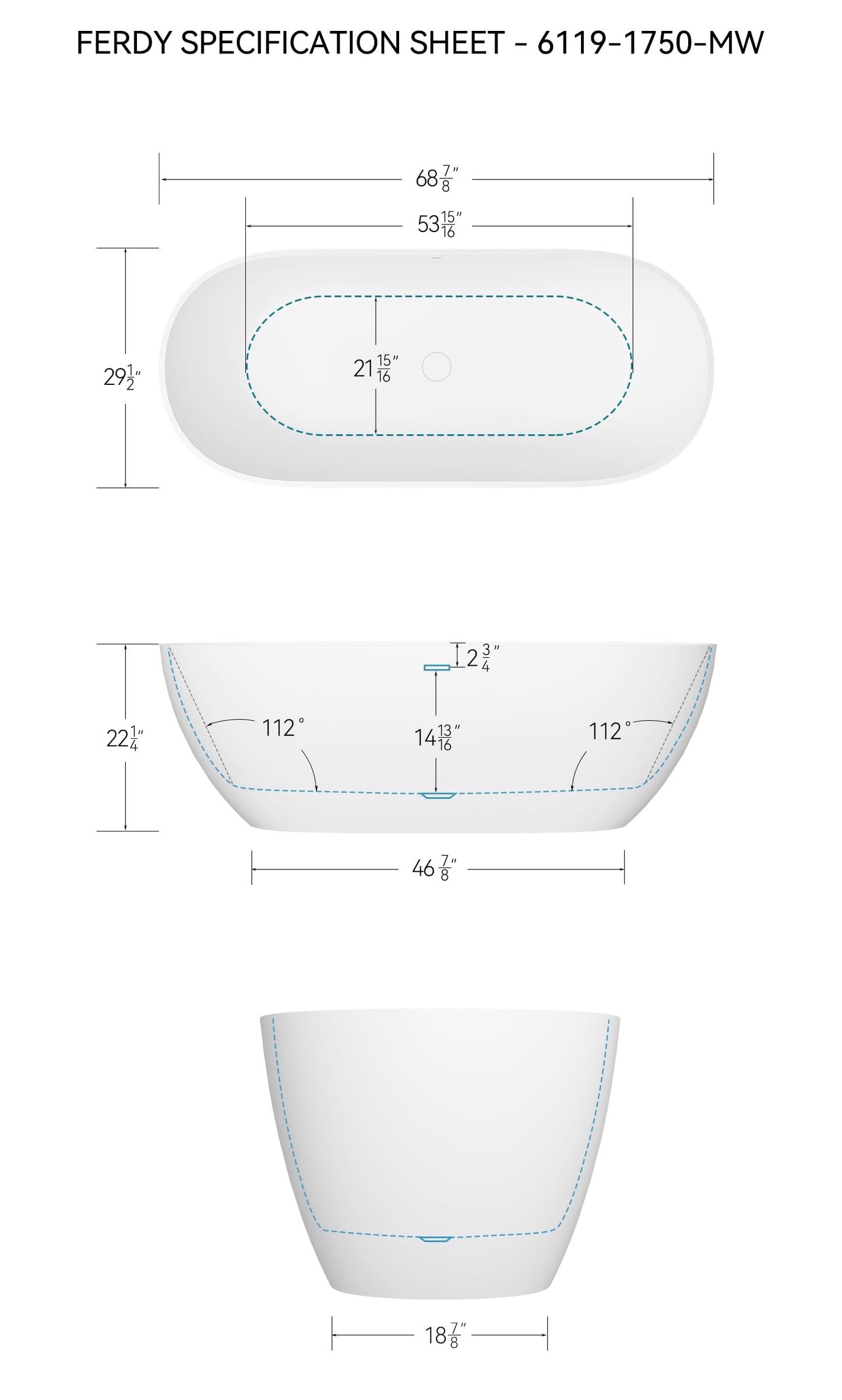 FerdY Fiji 69" Stone Resin Freestanding Bathtub, Classic Oval Shape Soaking Bathtub, Solid Surface Soaking Tub, cUPC Certified, Integrated Slotted Overflow and Matte White Pop-up Drain