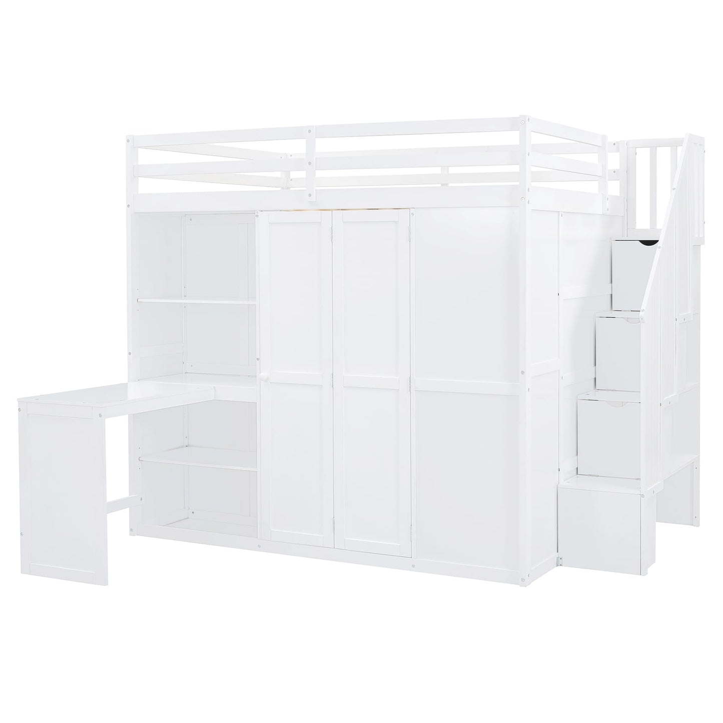 Merax Full Size Loft Bed, Wood Bedframe with Wardrobe, Storage Stairs, Desk and Shelves for Kids Teens Adults Bedroom, White