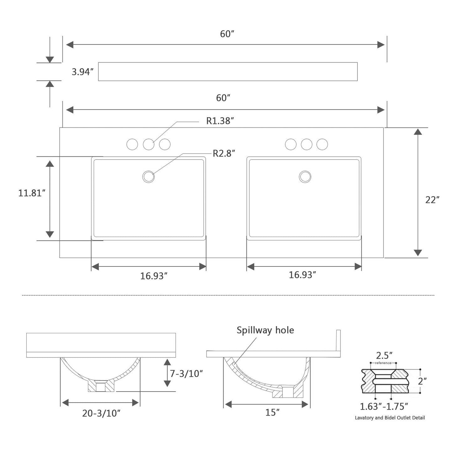 EQLOO 60 Inch Engineered Stone Bathroom Vanity Sink Top, with Undermount Rectangular Double Sinks, Vanity Countertop with 8 inch Faucet Hole Spacing and Backsplash in Lightning White