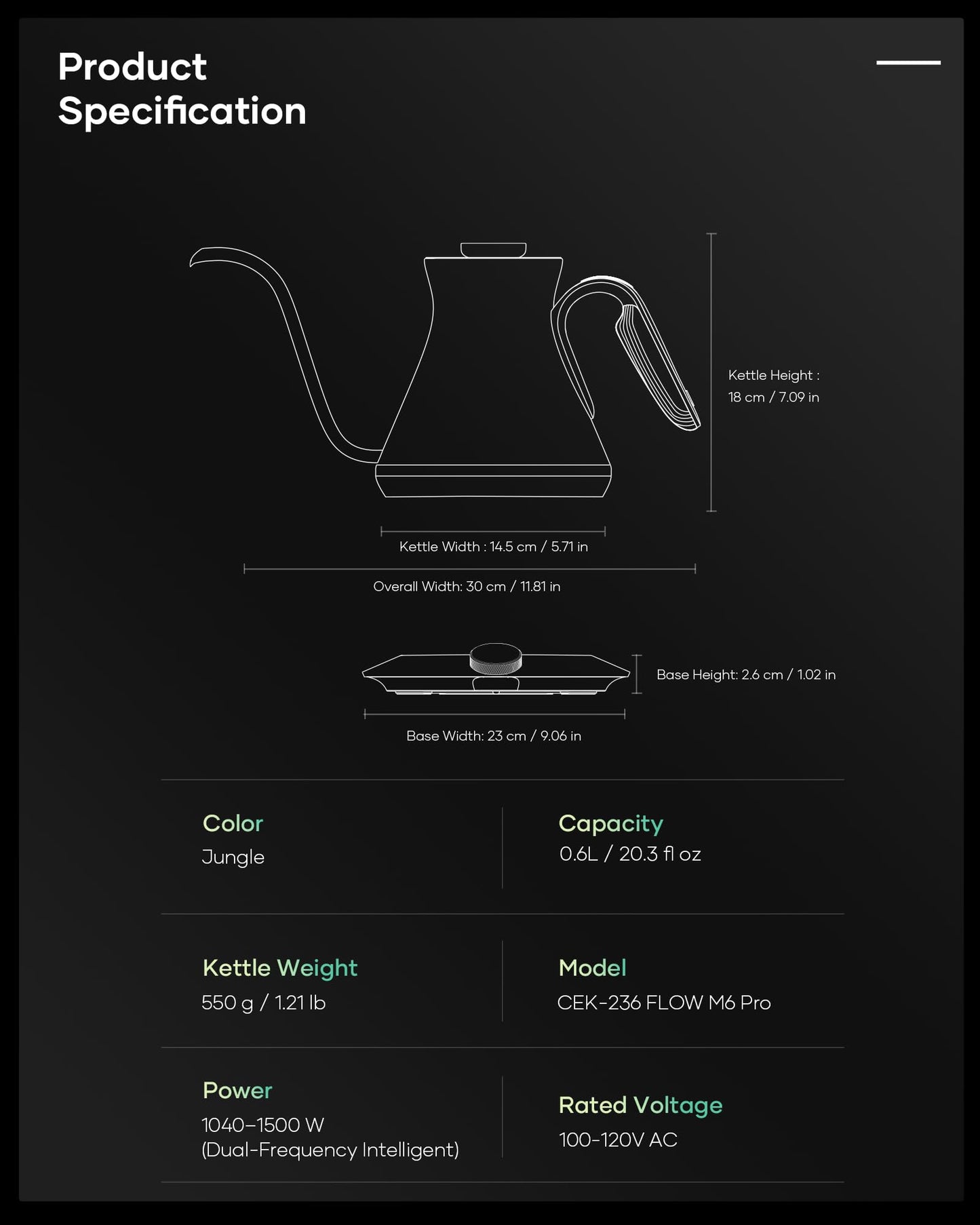 Cocinare Gooseneck Electric Kettle, ±0.5°F Precise Temperature Control, 1500W Fast Heating, Pour-Over Coffee & Tea, Stainless Steel, 0.6L (Color-changing Jungle Design)