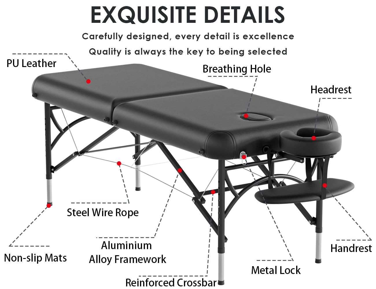 CLORIS 84" Professional Massage Table Portable 2 Folding Lightweight Facial Salon Spa Tattoo Bed Height Adjustable with Carrying Bag & Aluminium Leg Hold Up to 1100LBS Black Widen