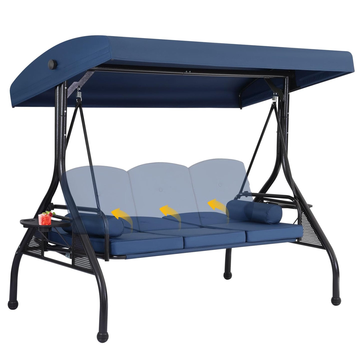 3 Seat Outdoor Porch Swing with Adjustable Canopy,2 in 1 Patio Swing Bed with Stand 800lbs for Adults,Outdoor Swing with Removable Cushion, Cup Holder ๏ผ Pillow for Backyard, Porch, Garden