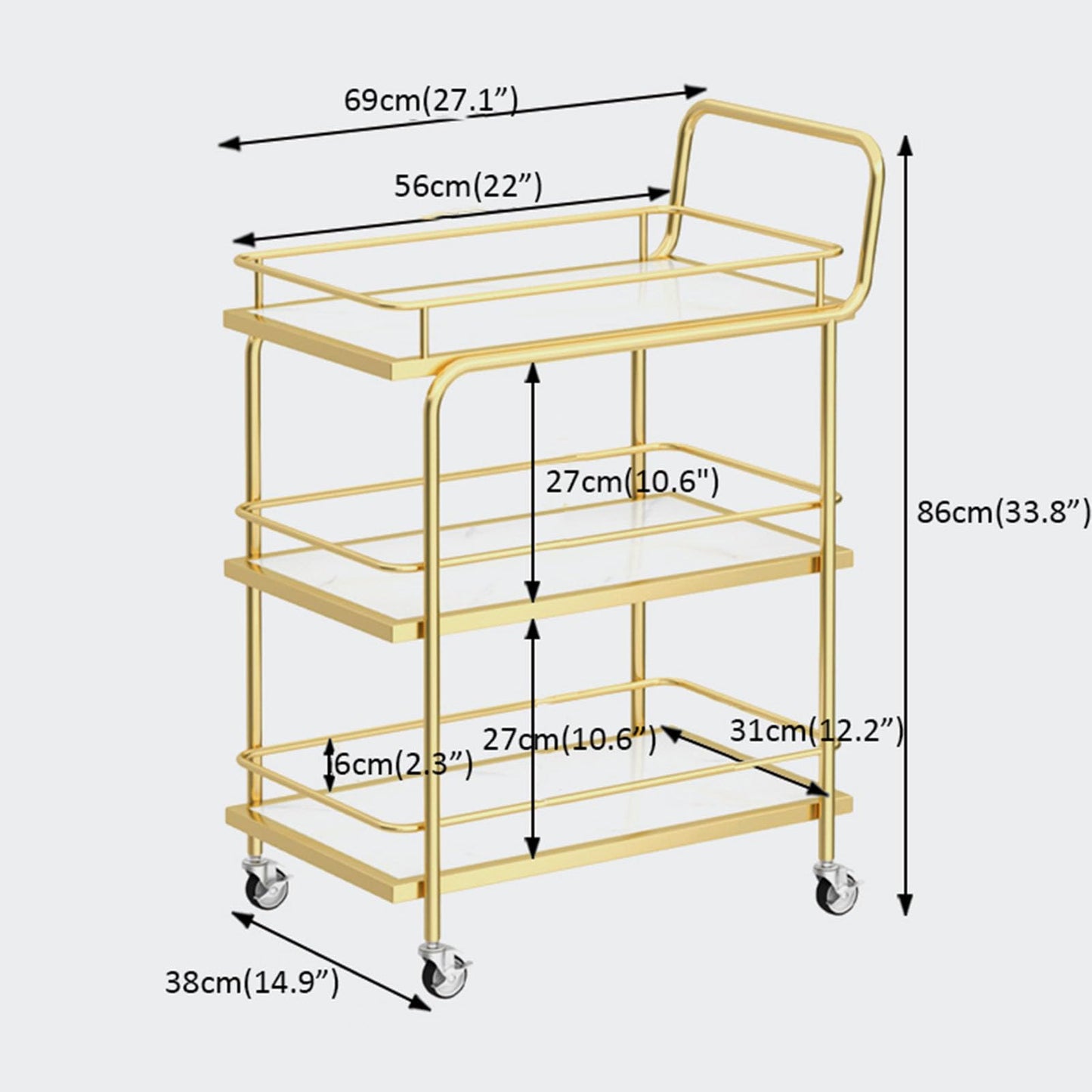 Gold Hotel Service Cart 3Tier Metal Restaurant Trolley with Fence and EcoFriendly Marble PanelsElegant White Finish for Dining and Catering Use