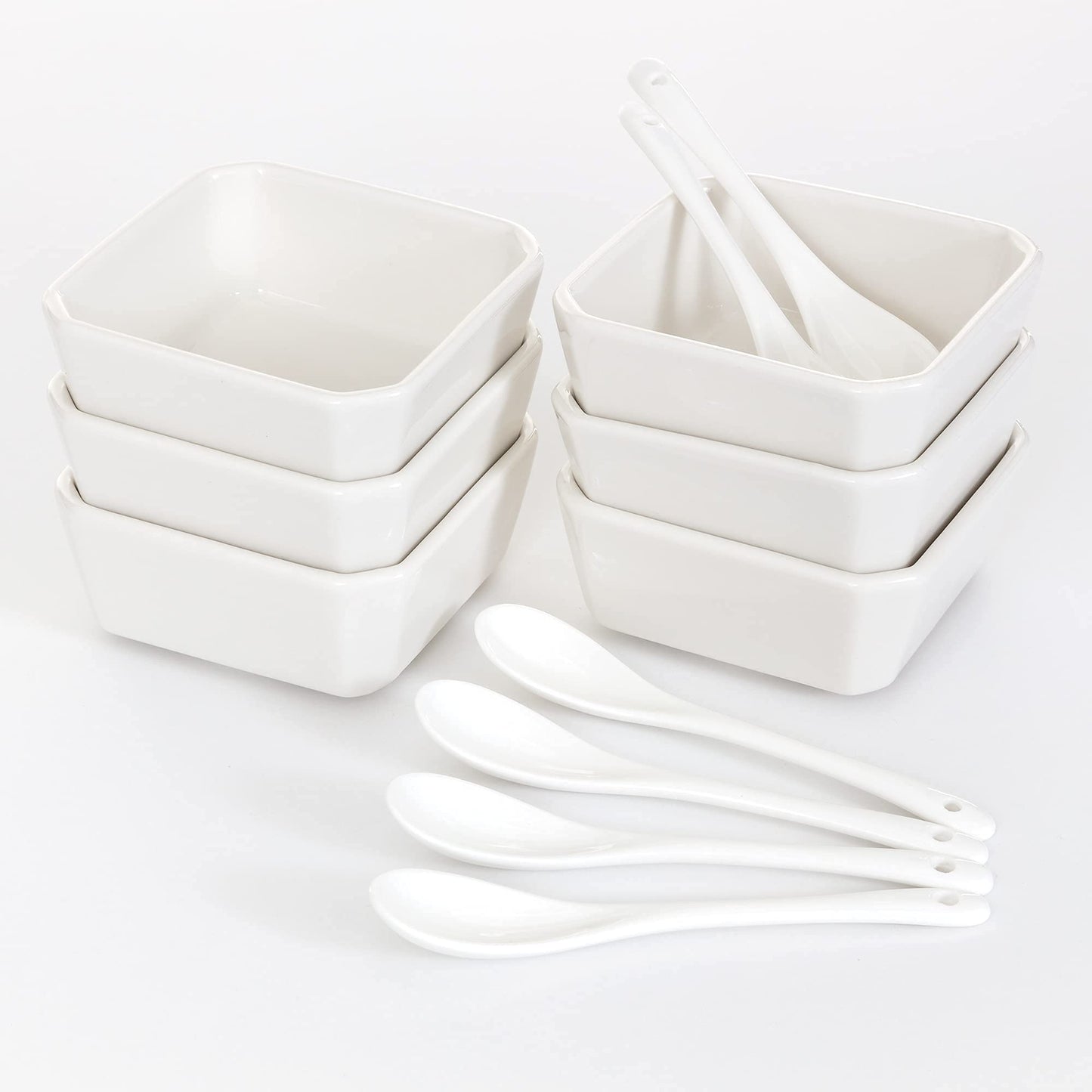 FAMHH 6 Oz White Porcelain Serving Bowls Set – 6 Small Bowls and 6 Serving Spoons – Sturdy, Oven- and Dishwasher-Safe Ceramic Condiment Cups for Sauces, Desserts and Appetizers