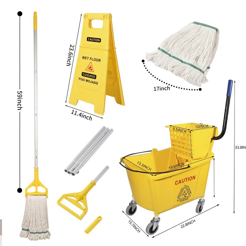Midoneat Side Press Wringer Combo Commercial Mop Bucket on Wheels, 35 Quart,Yellow, Including Wet Floor Caution Sign(24Inch) and One Industrail Mop