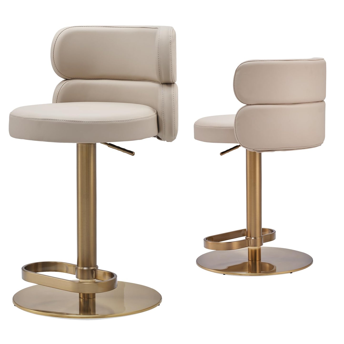 CAROCC Fireproof Leather Swivel Bar Stool Adjustable Airlift Counter Height Bar Stool Kitchen Dining Cafe Hydraulic Bar Chair with Padded Back,Gold Chromed Metal Base (1PCS Khaki)