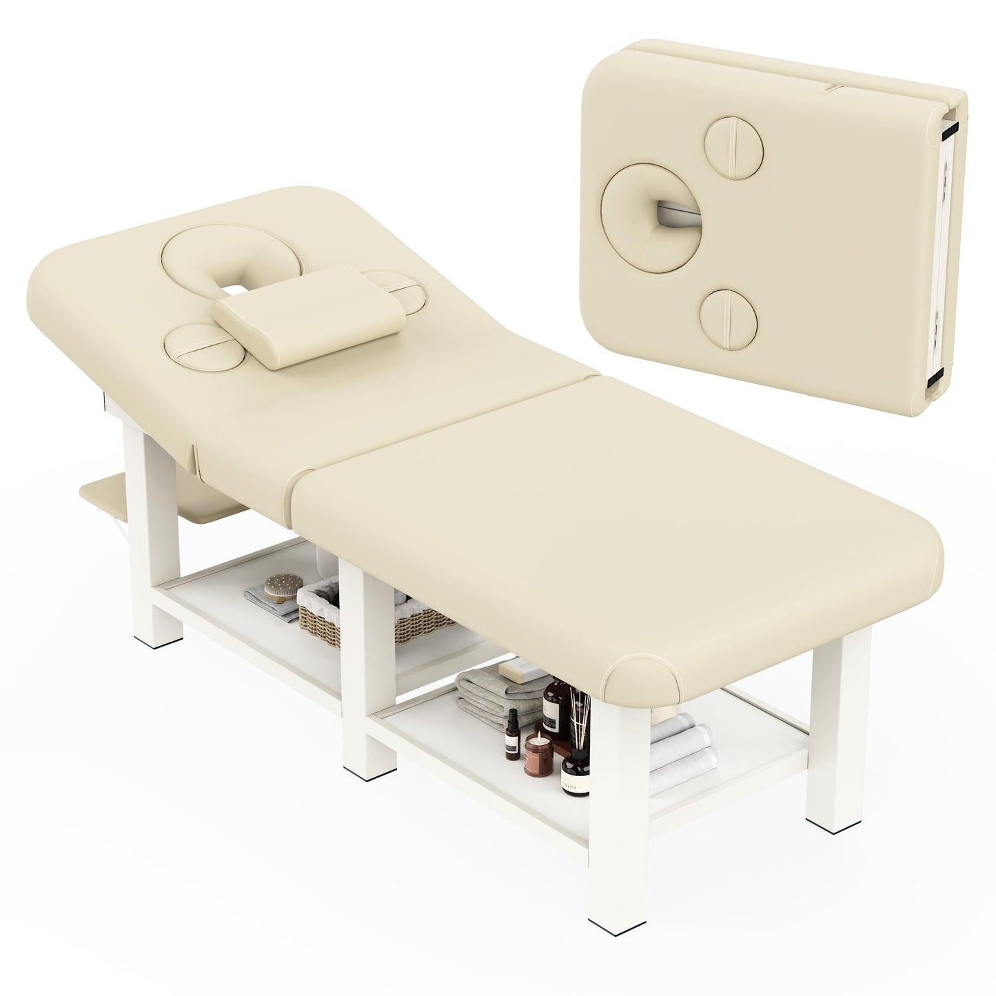Extra Large 34 in × 80 in Folding Stationary Massage Table with Adjustable Backrest & Armpit Opening , Heavy-Duty Metal Frame Treatment Bed for Spa, Physical Therapy, Tattoo, Facial - Beige Gray