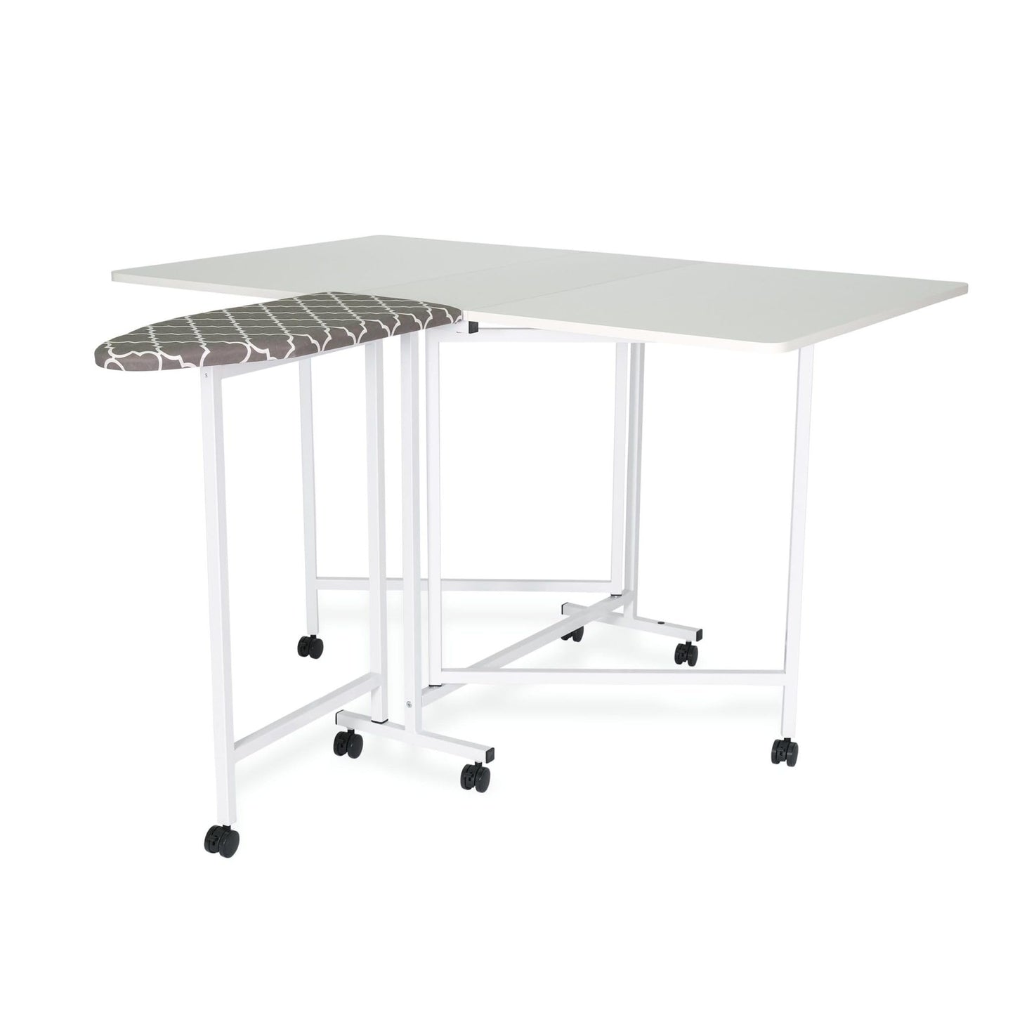 Arrow Millie Folding Cutting Table with Ironing Board – Sewing & Craft Workstation with Storage Shelves