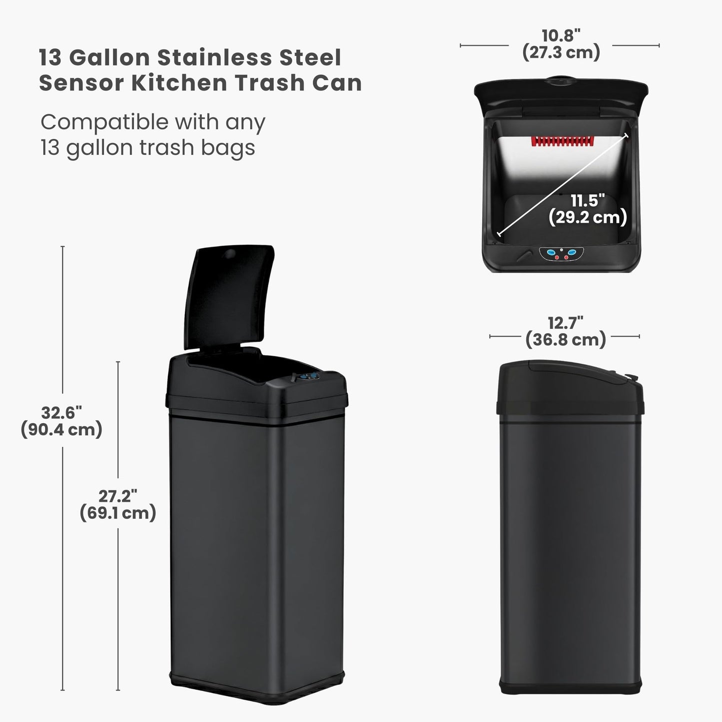 iTouchless 13 Gallon Automatic Garbage Can with Odor Filter, 50L Touchless Kitchen Wastebasket, Smart Hands-Free Motion Sensor Lid, Fingerprint-Proof, Pet-Proof Dog Lock & Soft-Close, Matte Black