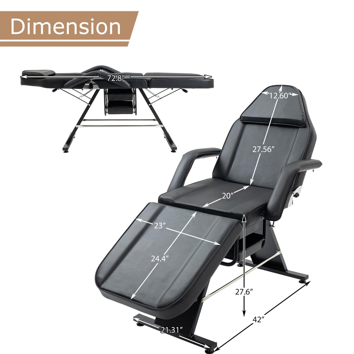 Geelife Massage Salon Tattoo Chair with Hydraulic Stool, Multi-Purpose 3-Section Facial Bed Table, Adjustable Beauty Barber Spa Equipment, Black