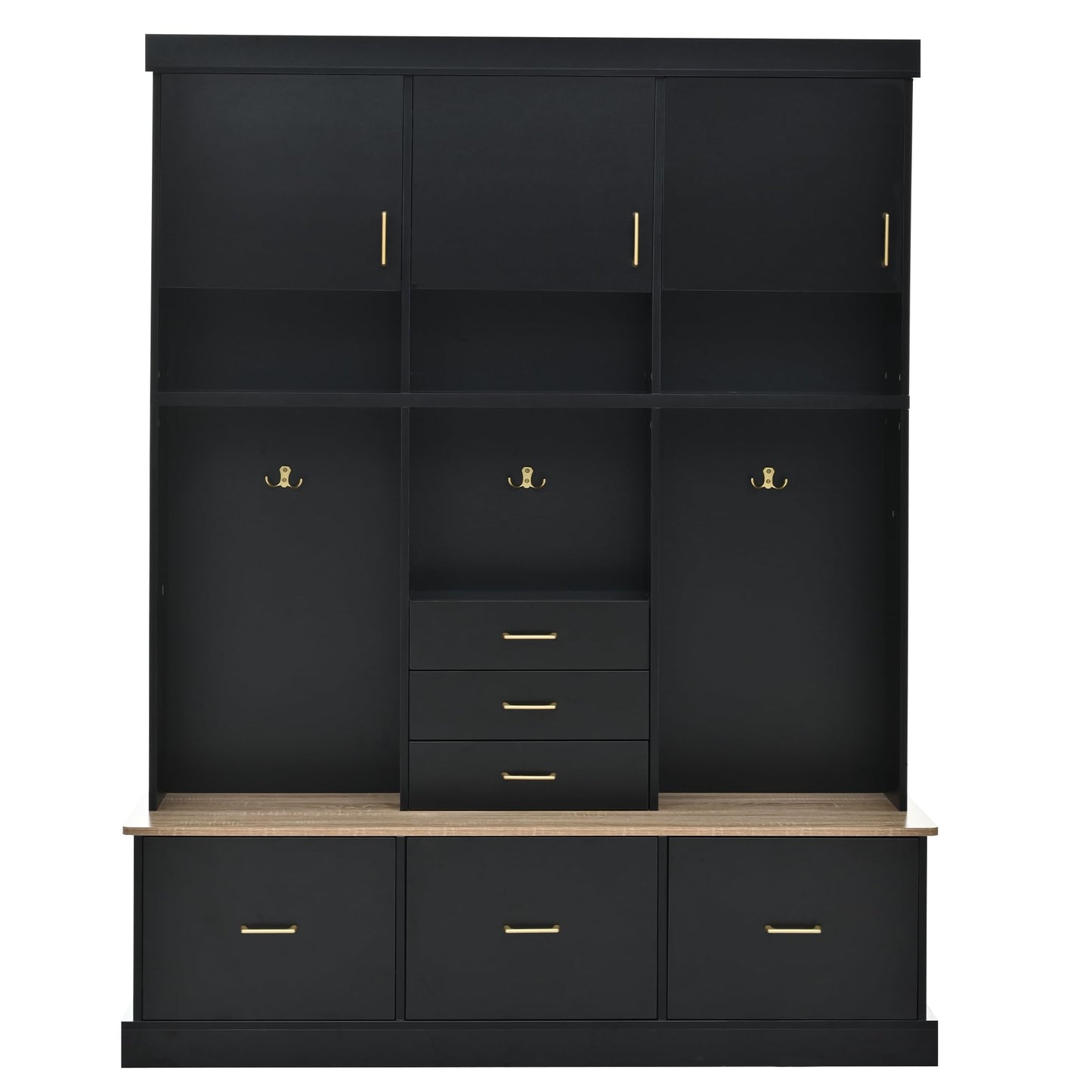 Amposei Hall Tree with Storage Bench & Coat Rack 58’’W Modern Tall Entryway Oranizer Cabinet with 6 Drawers, 3 Metal Hooks for Living Room Hallway Mudroom, Black
